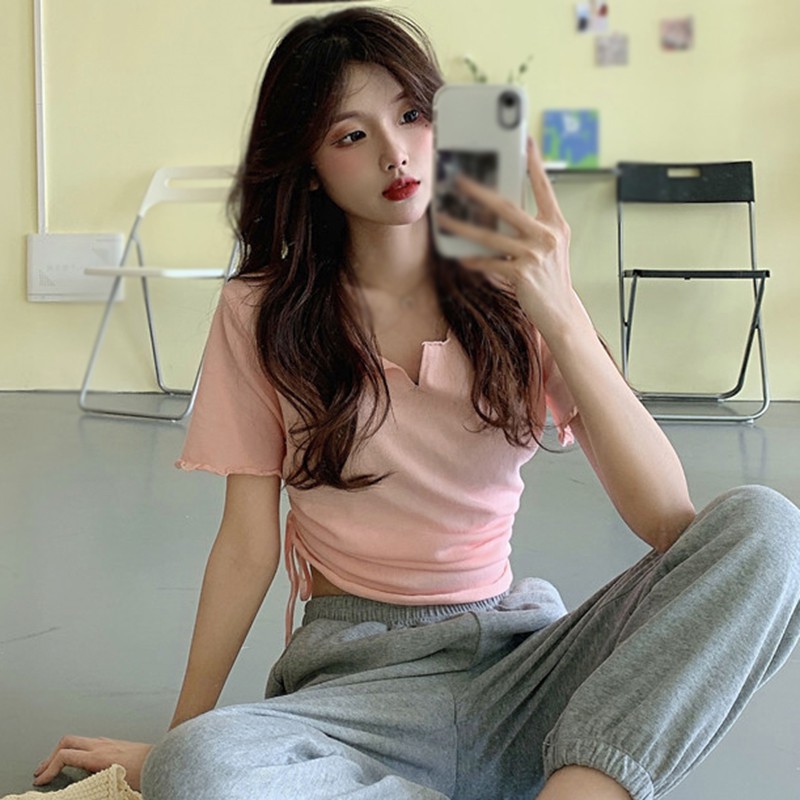 Áo Thun Tay Ngắn Dáng Ôm Phối Dây Rút Cá Tính Trẻ Trung Hợp Thời Trang