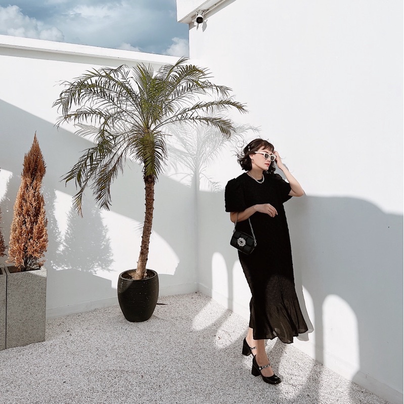 Váy thun xốp phối tơ voan đuôi cá, phom suông rộng chất liệu co giãn 4 chiều mặc cực kỳ thích