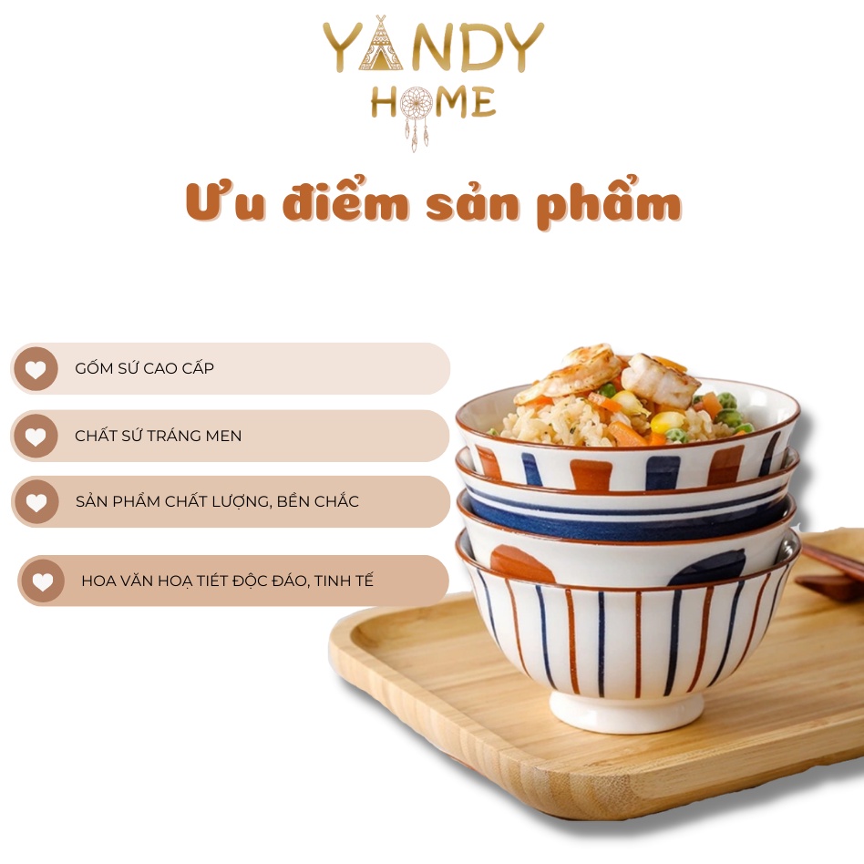 Bát con ăn cơm gốm sứ YANDY HOME B02 men đẹp bóng họa tiết chấm bi kẻ sọc giá rẻ