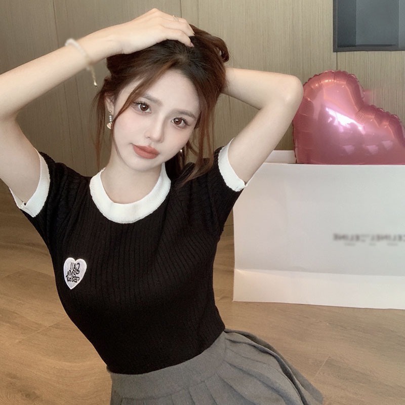 Áo Thun Dệt Kim Tay Ngắn Cổ Tròn Thêu Khối Màu Sắc Retro Hàn Quốc Dành Cho Bạn Nữ