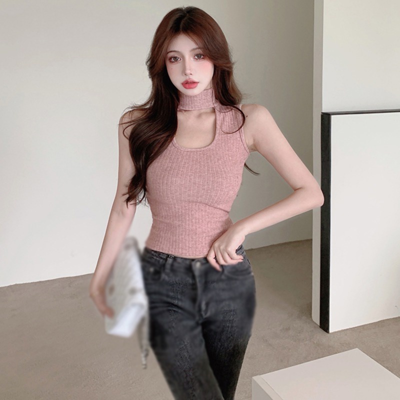 Áo Croptop Dệt Kim Sát Nách Cổ Lọ Màu Sắc Đơn Giản Nhẹ Nhàng Cho Nữ