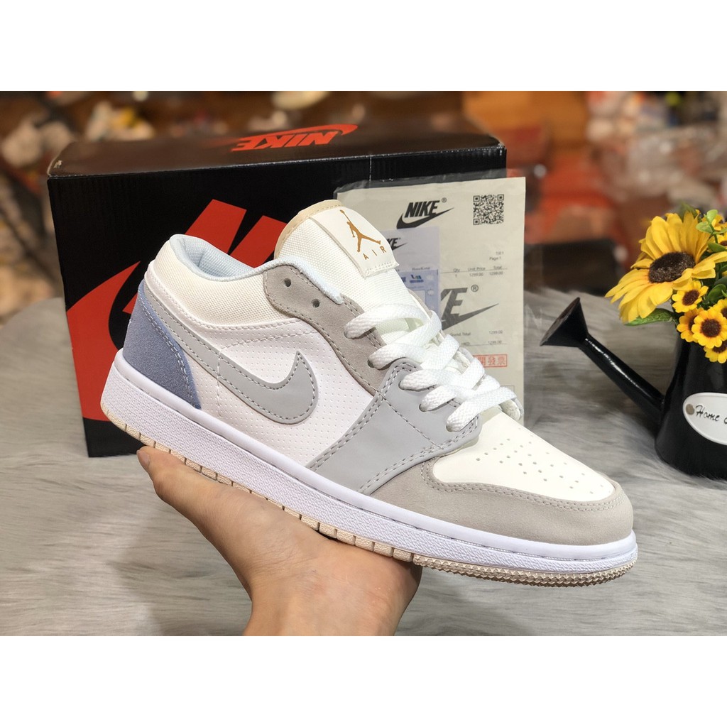Giày Force trắng xám gót xanh, giày Air Jordan 1 Low Paris