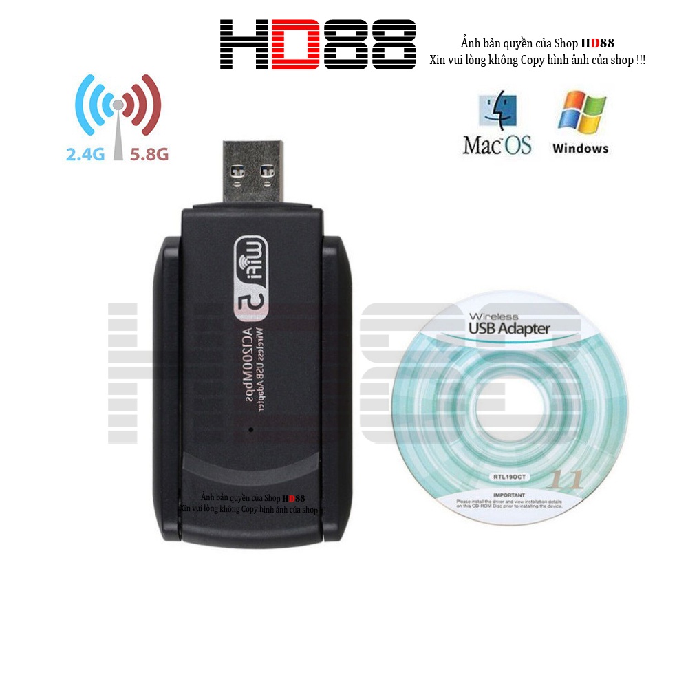 USB Thu Phát Wifi 1200mbps tốc độ cao 2 râu cho máy tính bàn, laptop 2.4 / 5g Usb 3.0 RTL8812BU HD88 - A01