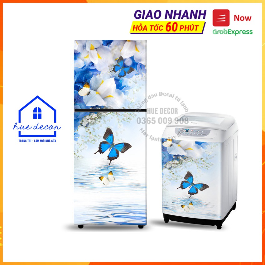 Giấy dán tủ lạnh -Máy giặt 3D Hoa Bướm Xanh HUE DECOR - chống nước, nấm mốc phù hợp với mọi không gặt