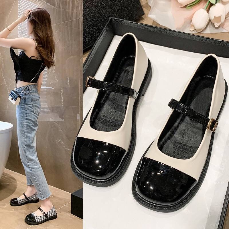 Giày bệt tiểu thư Mary Jane quai cài vá mũi chất da mềm êm chân mã V1