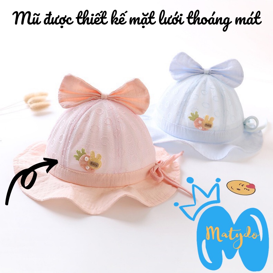 Mũ cho bé gái bé trai nón vành tròn hình nơ cotton lưới có dây rút điều chỉnh phụ kiện cho bé từ 0-2 tuổi