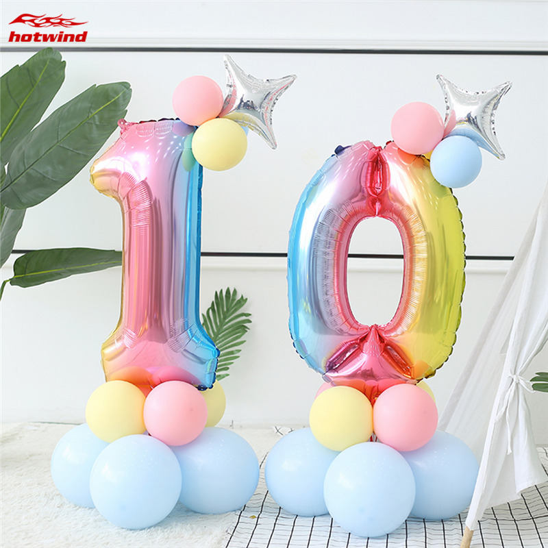HW 32 Inch Foil Birthday Balloons Air Helium Number Balloon Happy Birthday Party Decoration Rainbow Figures Balloon