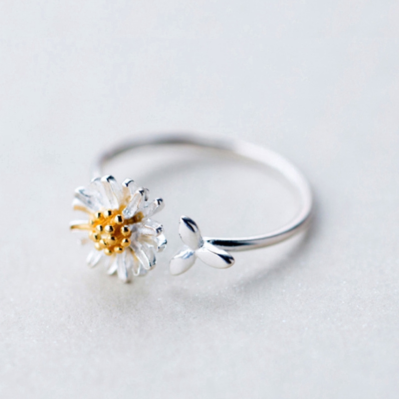 Women's Silver Ring Korean Version of Forest Silver Gold-plated Daisy Ring Cute Small Leaf Open Ring