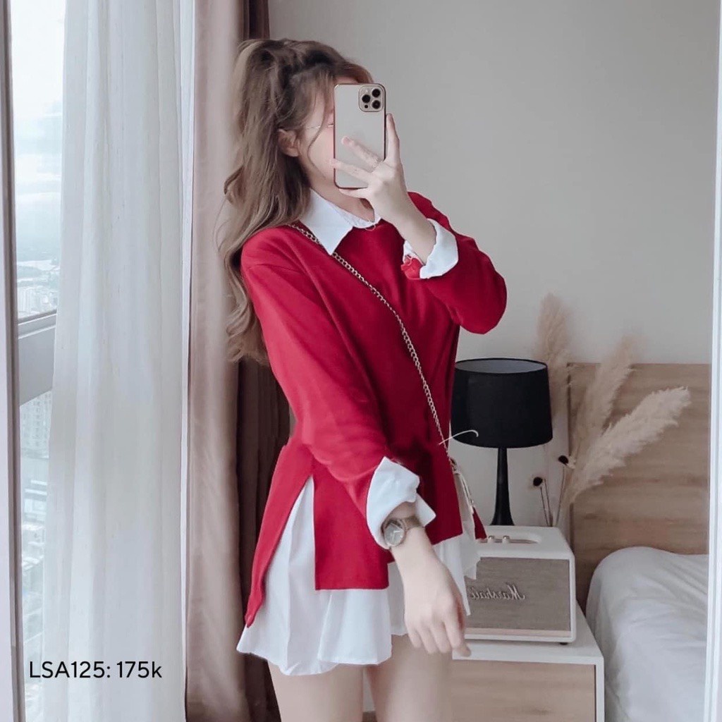 đầm sơ mi nữ màu trắng phối kèm áo len gân cực chất TT 07