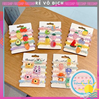 Set 5 scrunchies dây buộc tóc vải voan nữ dây cột tóc bé gái gắn trái cây, động vật, máy ảnh Hàn Quốc Tiệm Của Nhi CT001