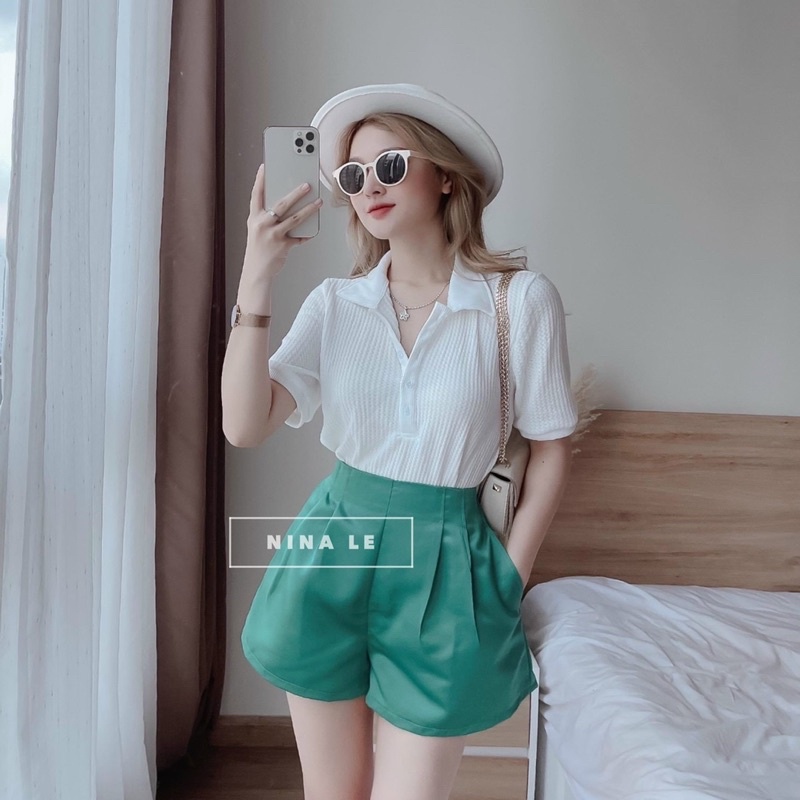 Siêu phẩm set áo xanh độn vai quần short caro đình đám cập bến tại shop em rồi nha các chị yêu ơi