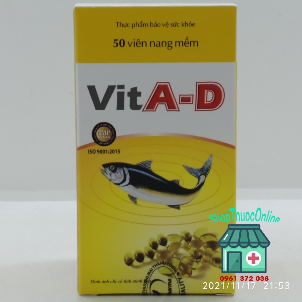 Dầu cá VitA-D hộp 50 viên - Bổ sung vitamin A và vitamin D3 chống còi xương, khô mắt, quáng gà