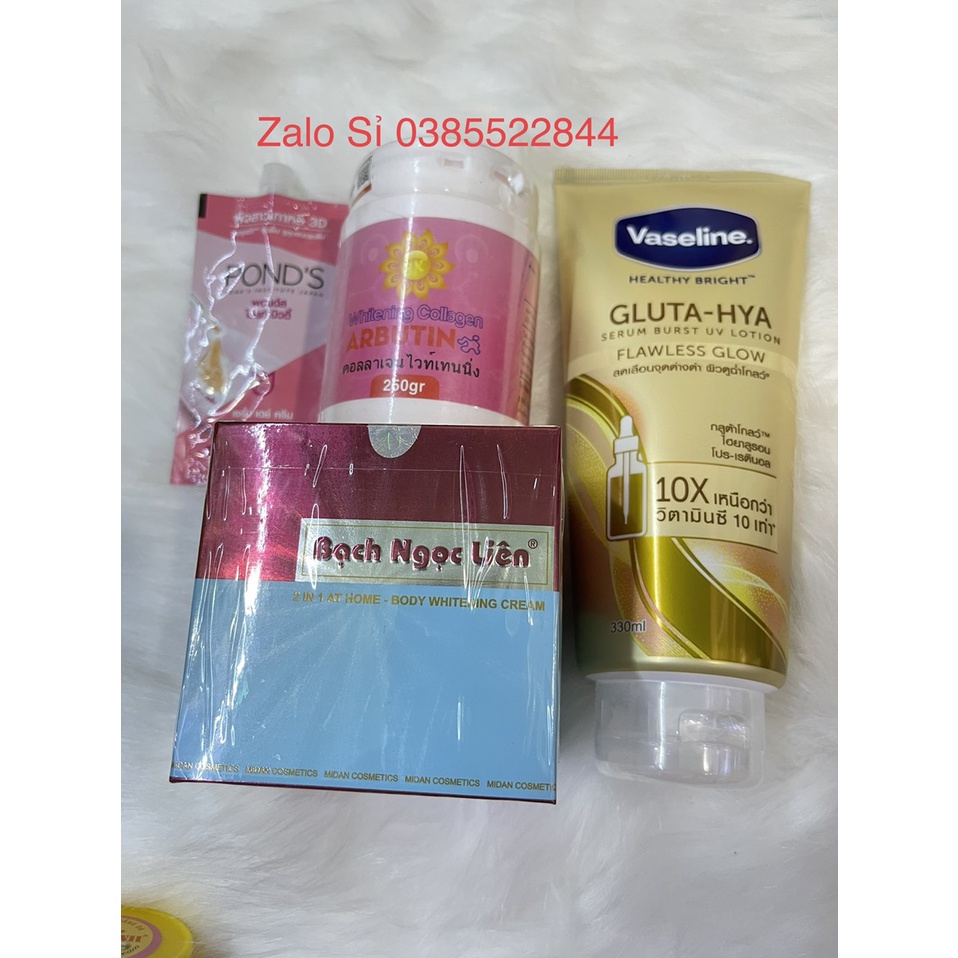 Kem body Bạch Ngọc Liên và kem kích trắng 3C3 Abutine + vaseline Gluta 10x ngày chống nắng