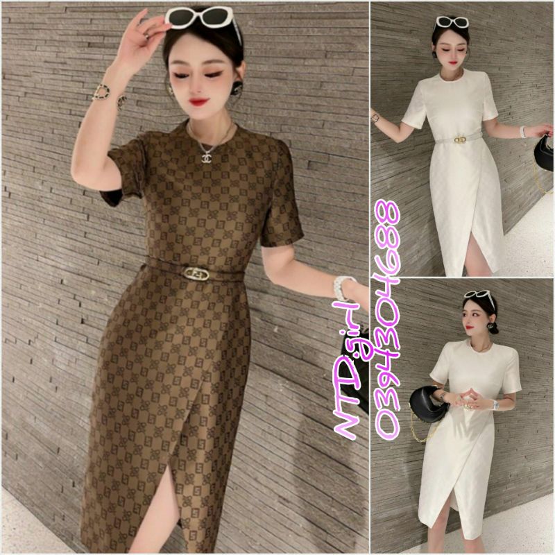 Hàng nhập - Đầm dáng suông ôm nhẹ xẻ tà trước cổ tròn, váy xuông gấm lụa dự tiệc hay công sở đều xinh