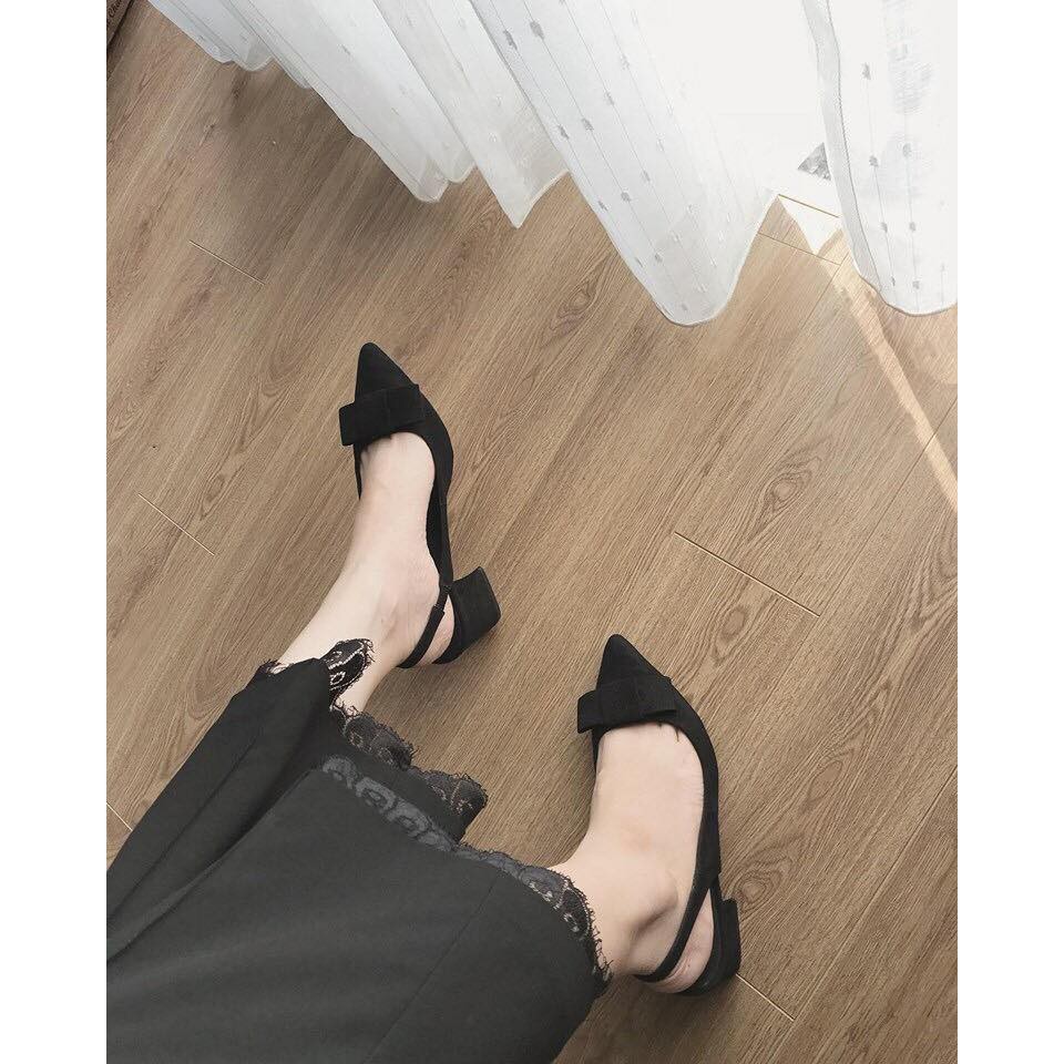Giày cao gót mũi nhọn 5cm  FLASH SALE  - THENYSMILE- Gót vuông da lộn - NƠ HỞ GÓT
