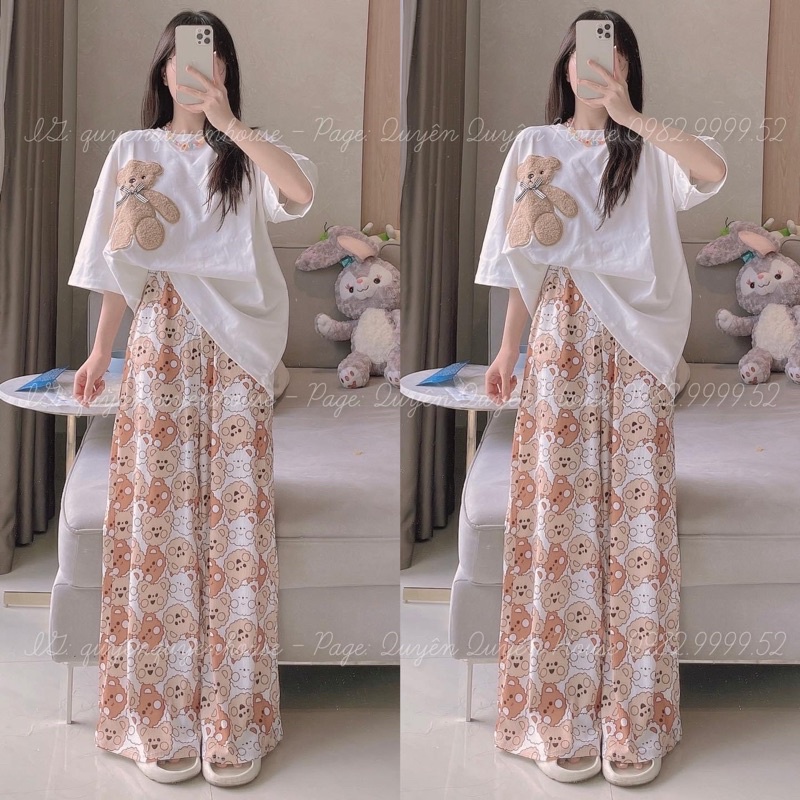 Set áo cotton gấu thêu lông quần suông đáng yêu