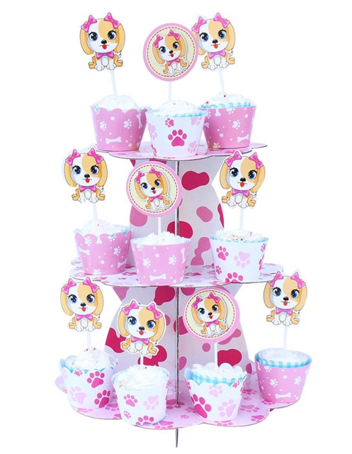 Tháp bánh 3 tầng , 12 tem cắm + tem quấn ly cupcake mẫu bé gái.