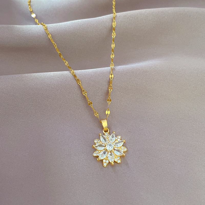 Dây Chuyền Thép Titan Mạ Vàng Đính Đá Sang Trọng Cho Nữ