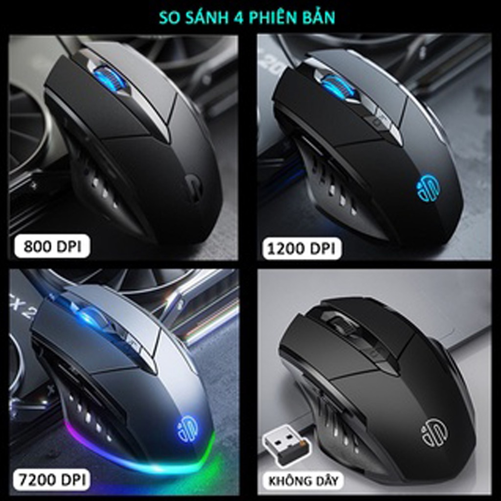 Chuột máy tính gaming, chuột chơi game DIGICOM Inphic P1W bản có dây và không dây tắt âm silent 7200 DPI Led RGB