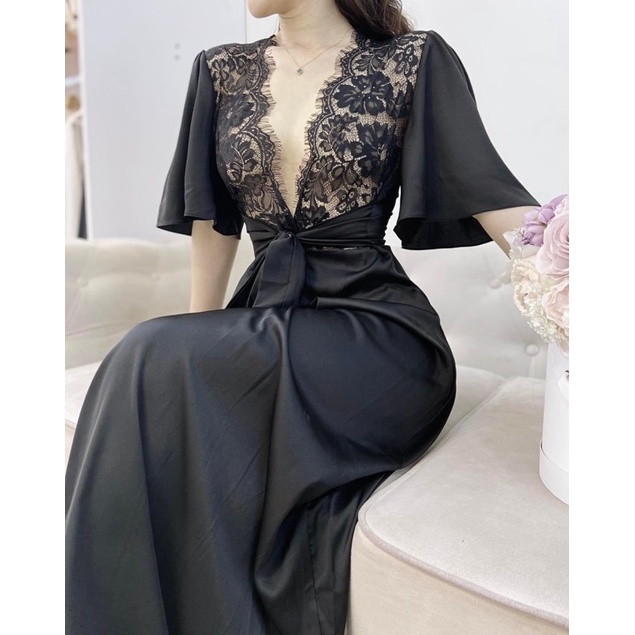 HÀNG THIẾT KẾ - Váy ngủ lụa viền ren buộc nơ eo sang trọng