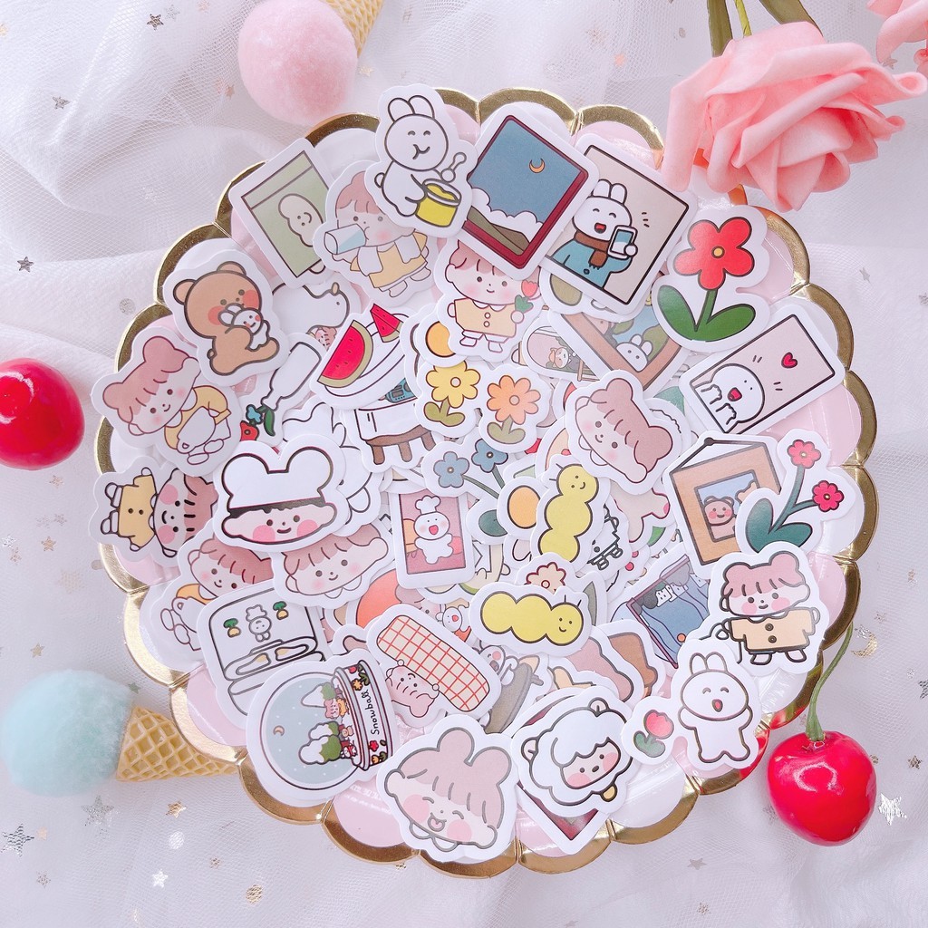 Sticker dán hoạt hình dễ thương gói 50 miếng dán sổ, điện thoại mẫu bé gái trái đào, bé thỏ cute tại Kho album ảnh ANVY