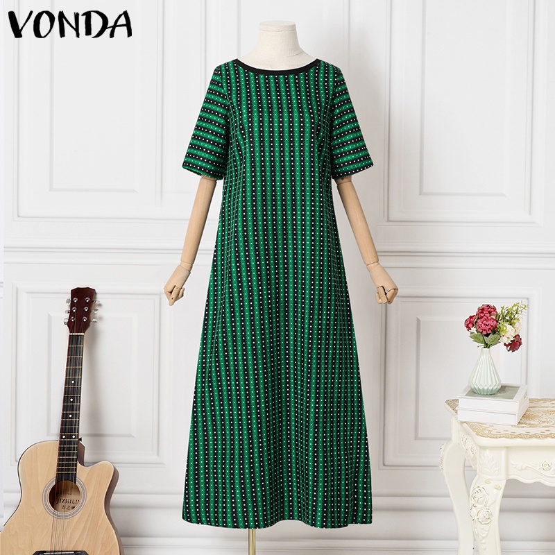 Đầm Dài Tay Lửng Cổ Tròn Dáng Rộng Họa Tiết Kẻ Sọc Phong Cách Vintage Thời Trang Mùa Hè Cho Nữ