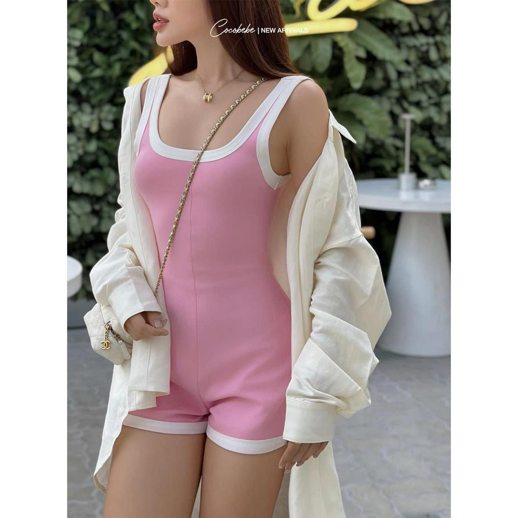 SET JUMPSUIT HỒNG GÂN SHORT ĐÙI VIỀN TRẮNG + ÁO SƠ MI KHOÁC TRẮNG (TH)