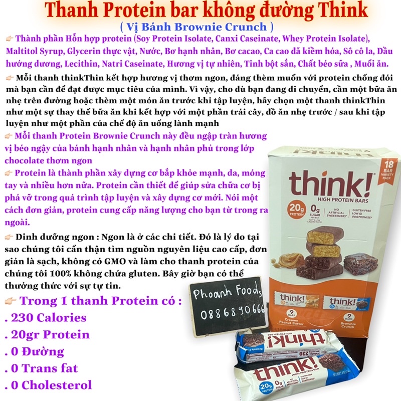 Thanh Protein bar Think - 20g Protein, 0g đường, không chất làm ngọt nhân tạo, không có MGO
