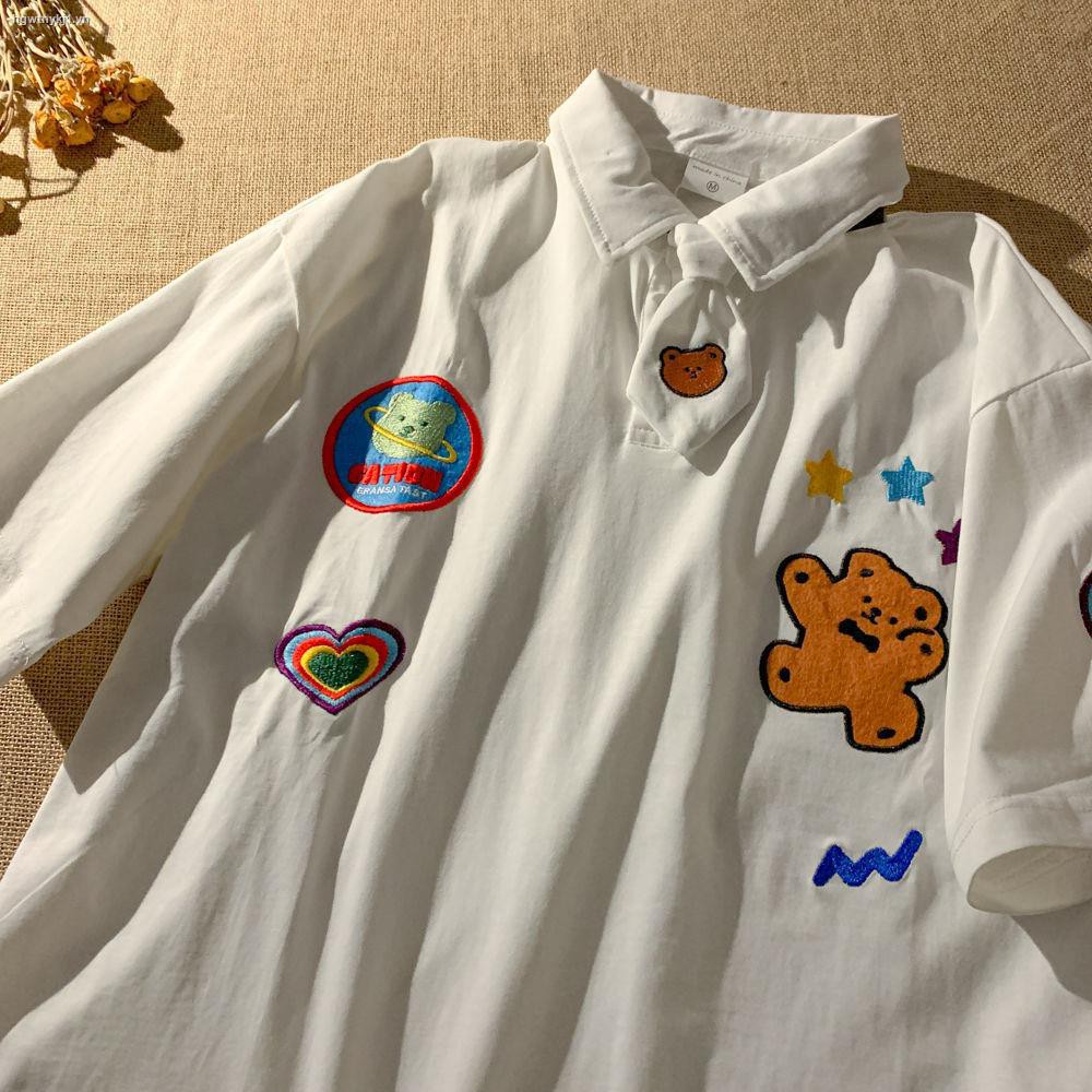 ❧✳№Super cute pattern embroidery polo shirt short sleeve T-shirt female cartoon Harajuku style couple design sense lapel top trend