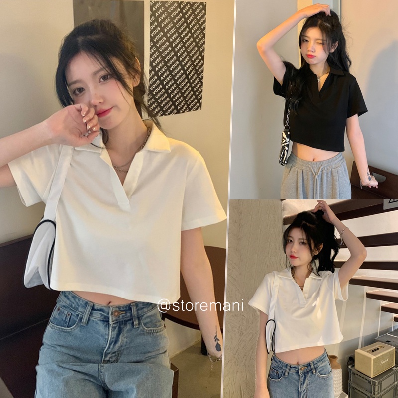 Áo croptop nữ có cổ tay ngắn kiểu ôm body chất cotton màu đen trắng cực đẹp