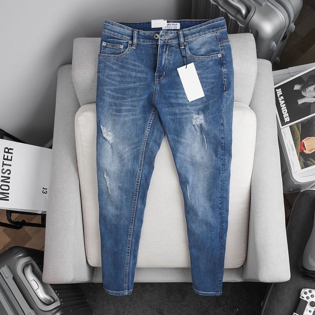 Quần jean nam xanh nhạt xước quần bò nam cao cấp đẹp mẫu mới ống ôm co dãn phong cách thời trang haian jean