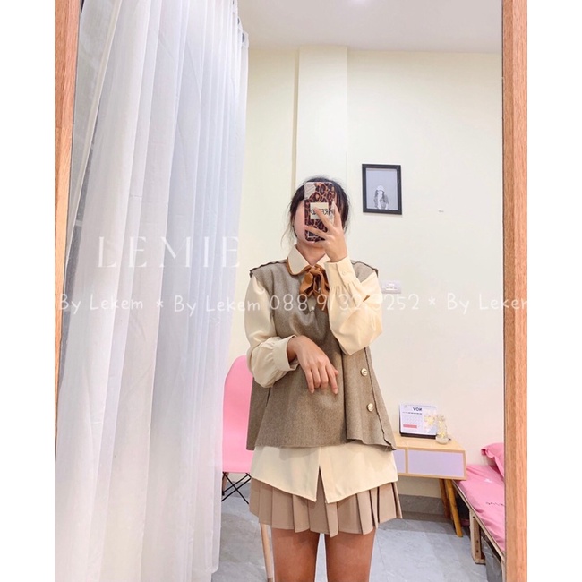 Sét Áo Sơ Mi Kiểu Cổ Thắt Nơ Rời Mix Áo Gile Dạ Khuy Sườn Siêu Xinh  Mã S048 Phong Cách Ulzzang Ảnh Thật Video Lekemqc