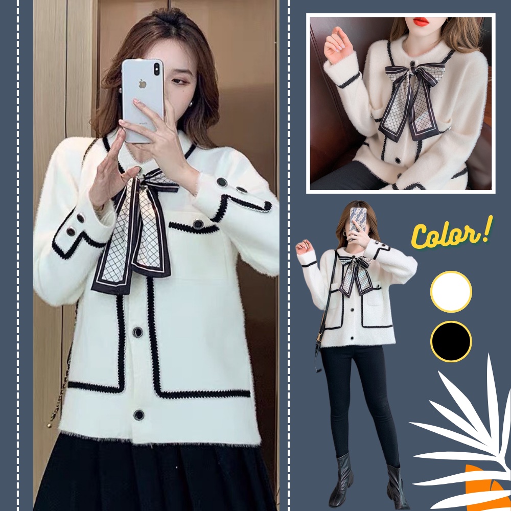 Áo Khoác Cardigan Len Lông Thỏ TYLANSTORE Ulzzang Hàn Quốc Công Sở Cổ Nơ Phối Viền Siêu Hot