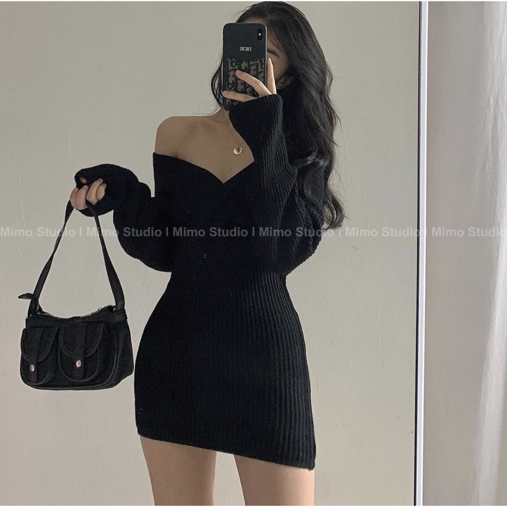 -  Quà tặng sinh nhật,bạn gái,cho nữ,tết Đầm len tăm ngắn trễ vai tay dài