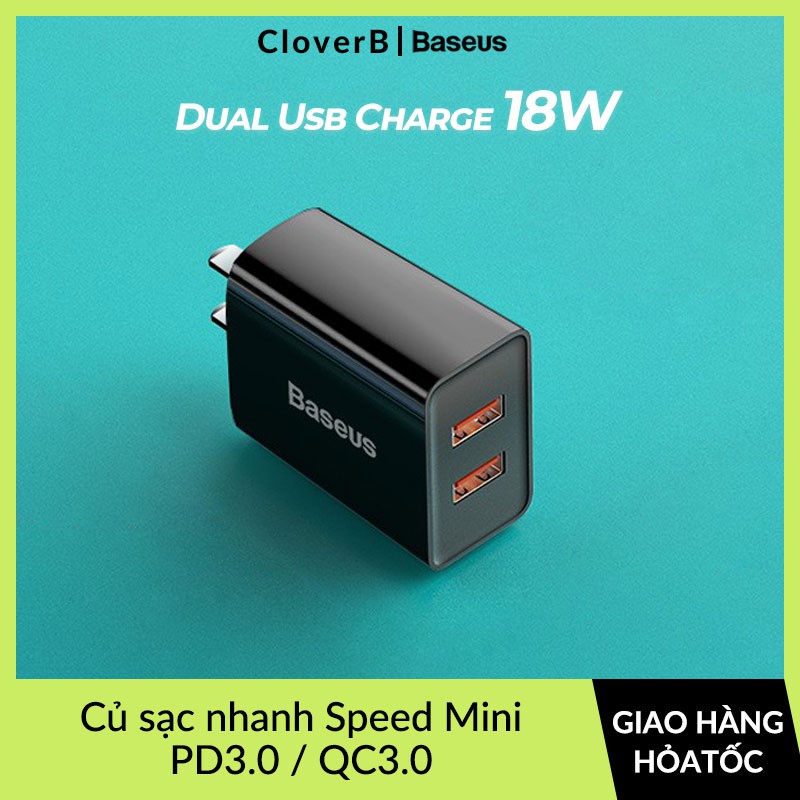 Củ Sạc Nhanh 18W Baseus Speed Mini Hỗ Trợ 2 Cổng Sạc USB Chuẩn QC3.0 Sạc Nhanh 3A, BPS, Chống Cháy, Hàng Chính Hãng