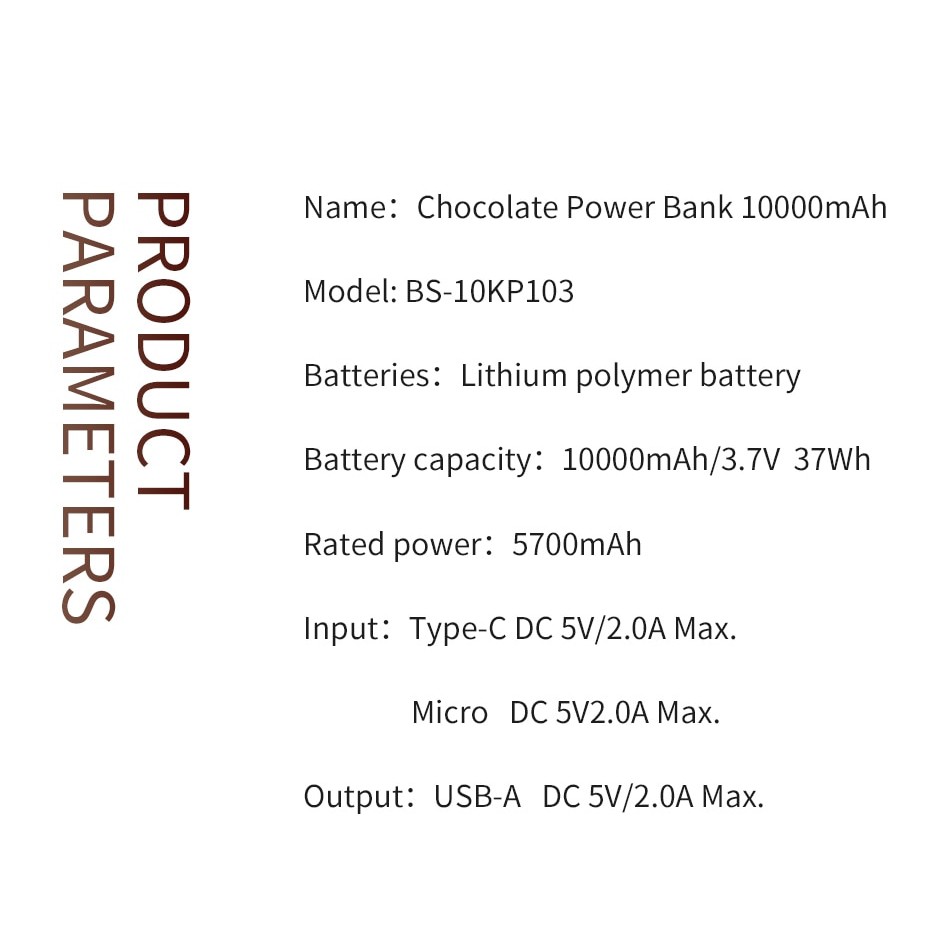 Pin sạc dự phòng Baseus Chocolate Ultra Slim BS-10KP103 10,000 mAh 2A Dual input Type-C/ MicroUSB, siêu mỏng nhẹ