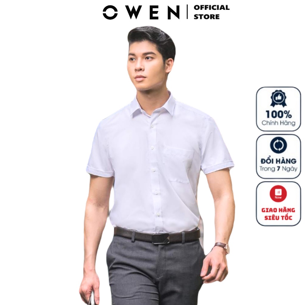 Áo Sơ Mi Trắng Nam Tay Ngắn Owen AR230328NT Somi Công Sở Cao Cấp Màu Trắng Trơn Vải Sợi Sồi Dáng Suông Tà Lượn Có Túi