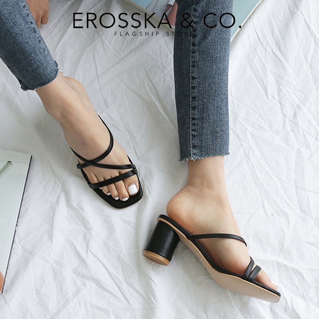 Erosska - Dép cao gót nữ mũi vuông phối dây quai mảnh sang trọng cao 5cm màu nâu - EM092