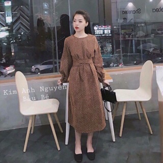 Váy nhung bi xoắn eo