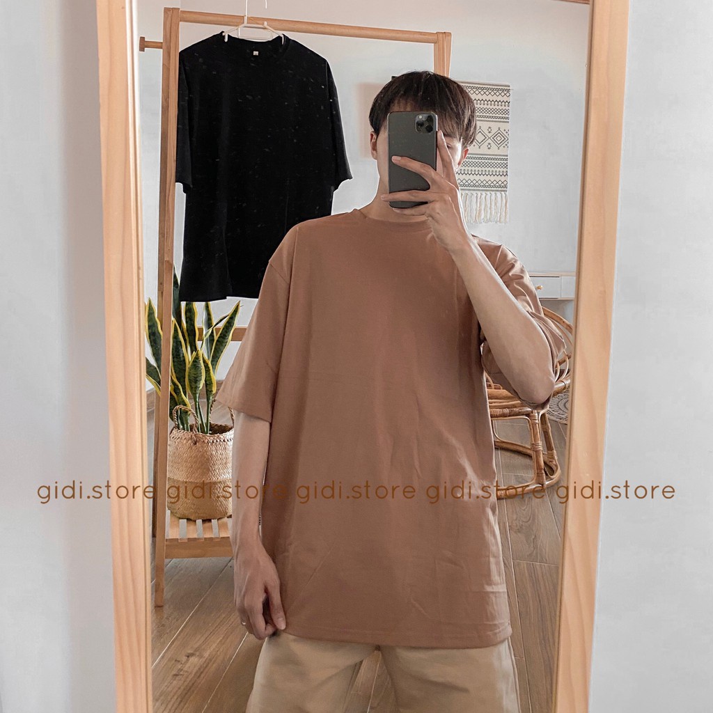 Áo phông trơn màu Nâu Cacao Nam Nữ UNISEX FORM RỘNG tay lỡ vải thun co giãn không nhăn cổ tròn GIDI