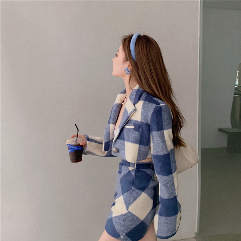 Set 2 Món Áo Sơ Mi Dài Tay Họa Tiết Ca Rô + Chân Váy Lưng Cao Thời Trang Dành Cho Nữ