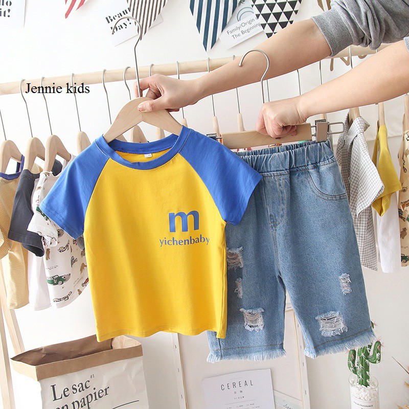 Bộ bé trai quần jean quần bò phối áo cộc tay cotton thấm hút mồ hôi tốt 10-28kg  Jennie kids  J344