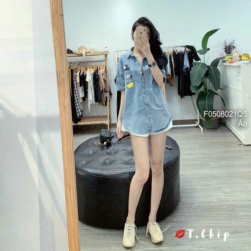 Áo sơ mi jean một túi in hình mickei tay ngắn hàng QC!K100% ảnh tự chụp, no fake