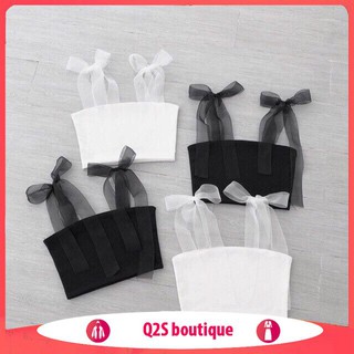 Áo croptop 2 dây quây ngực lưới thắt nơ đen trắng bozip buộc vai nơ ren kiểu