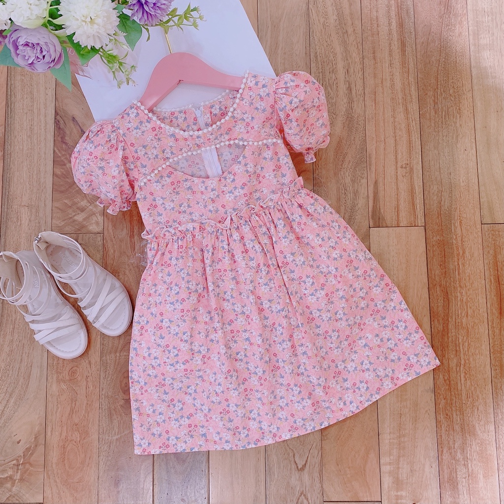 Váy cho bé gái cộc tay - Babystore88 - Đầm hoa nhí viền ngọc cổ ngực mùa hè 1 2 3 4 5 6 7 8 9 10 11 12 tuổi v6