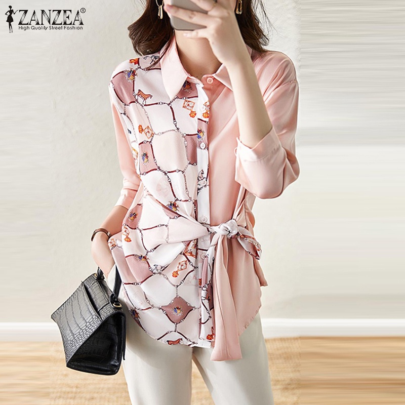 Áo sơ mi ZANZEA cổ bẻ thắt nơ tay dài in họa tiết hoa phối nút cài cho nữ