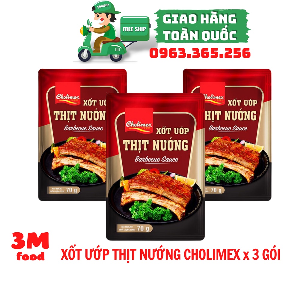 Sốt ướp thịt nướng Cholimex 70g x 3 gói, Gia vị xốt ướp thịt nướng chính hãng - 3M FOOD NL