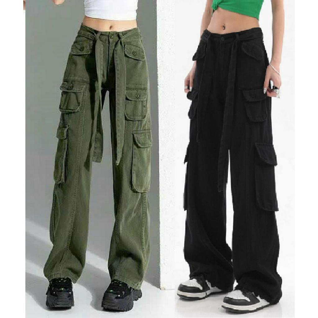 Quần kaki túi hộp Hiphop ống rộng xuông dài cargo pants trơn thời trang cho nữ/nam  -hình thật