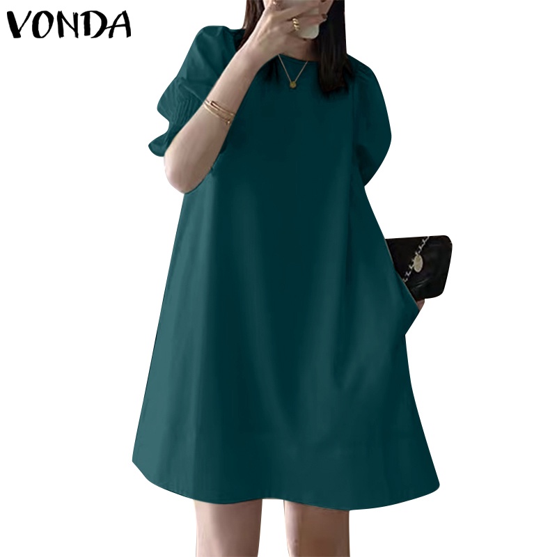 Đầm VONDA tay lỡ xếp ly cổ tròn màu trơn phong cách Hàn Quốc thời trang mùa hè cho nữ