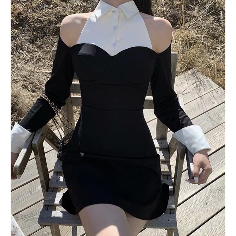 KOVA DRESS - ĐẦM ĐEN CỔ SƠ MI PHỐI TRẮNG KHOÉT VAI | BigBuy360 - bigbuy360.vn
